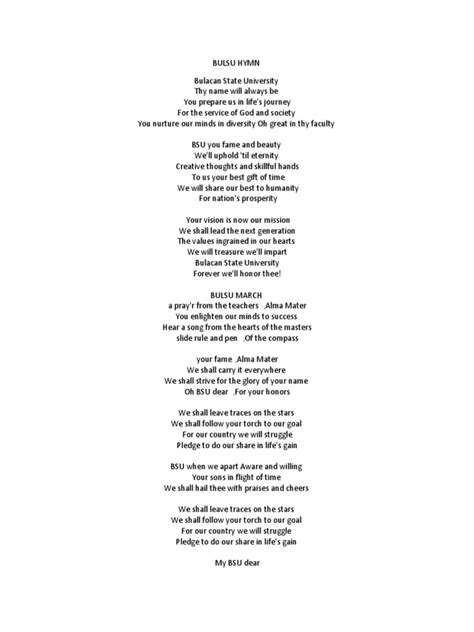 bulsu hymn|Bulacan State University Hymn (BulSU Hymn) .